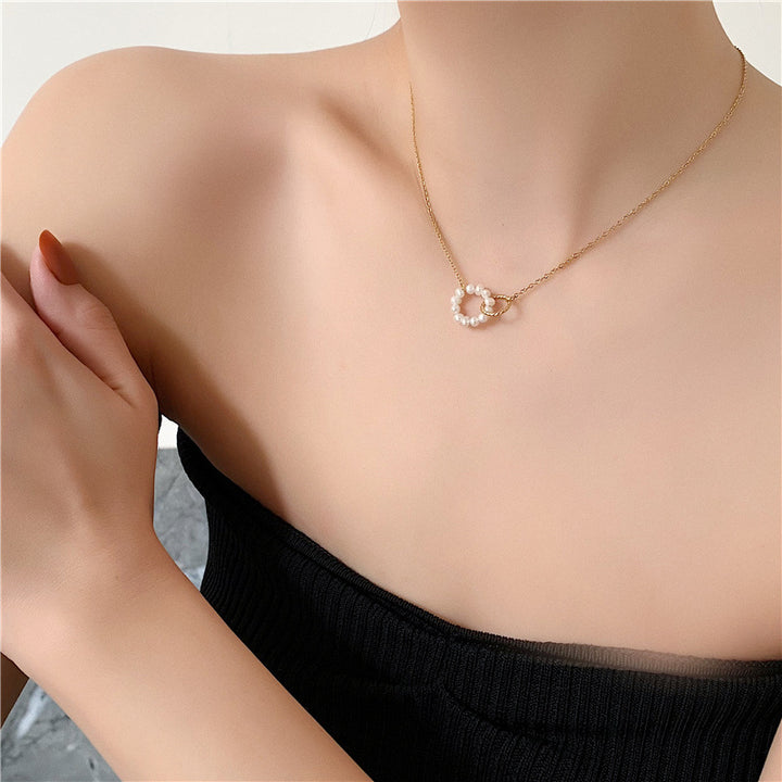 Very sweet handmade freshwater pearl true love ring necklace female  titanium steel gold -plated collarchain Image 2