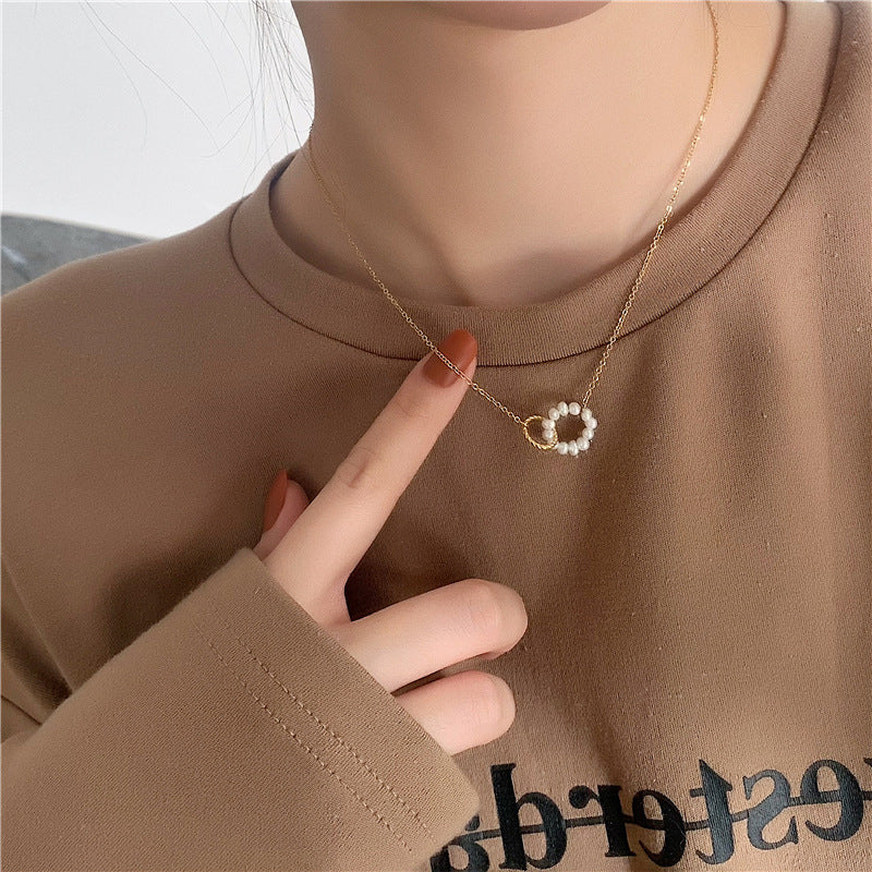 Very sweet handmade freshwater pearl true love ring necklace female  titanium steel gold -plated collarchain Image 3