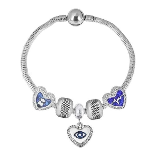 18K White Gold Heart Eye Charm Bracelet Set With Beads And Snake Chain Plated Image 1