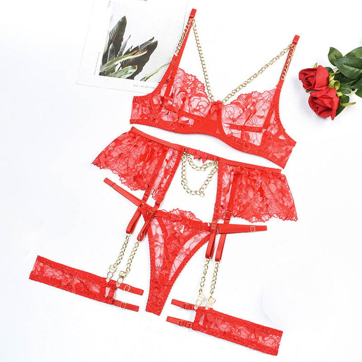 Women Fashion Floral Embroidery Lingerie Set Thin Transparent Bralette Lace Push Up Bra Garters 4 Piece Erotic Underwear Image 1