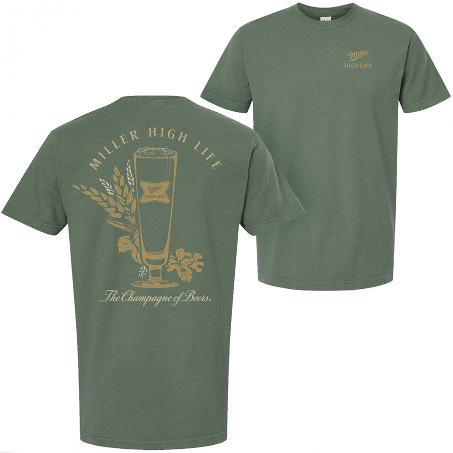 Miller High Life The Champagne of Beers Garment Dyed Green Front and Back T-Shirt Image 1