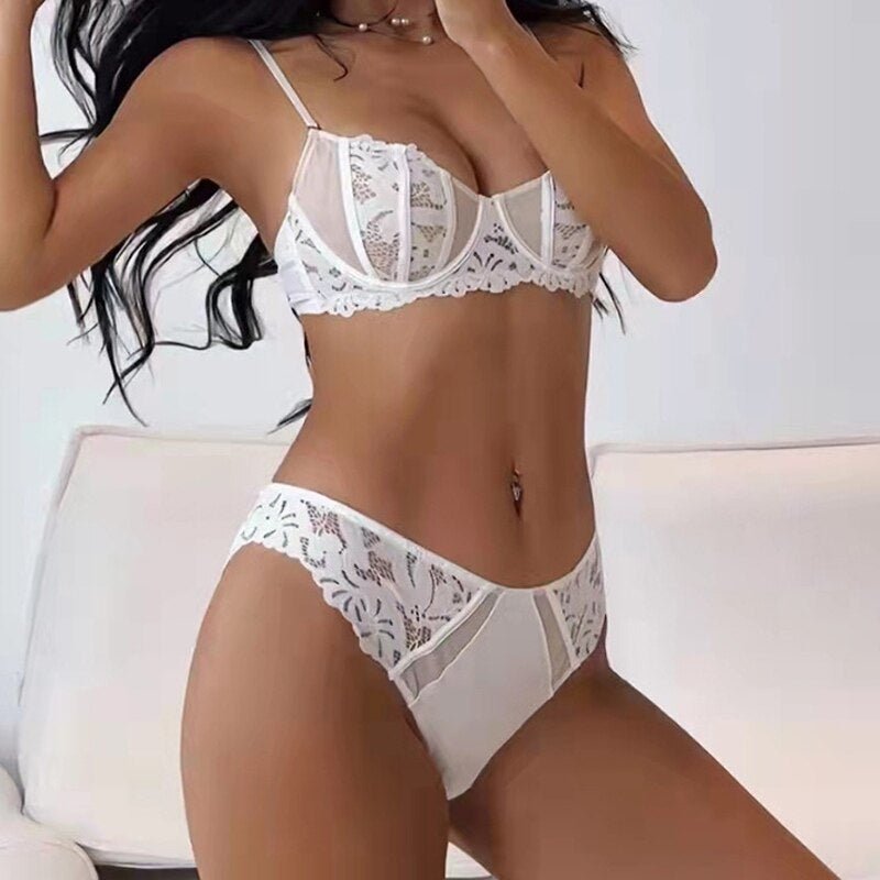 Women Fashion French Ultra Thin Lace Underwear Sets Push Up Brassiere Transparent Bra Lingerie Female Underwire Panties Image 1