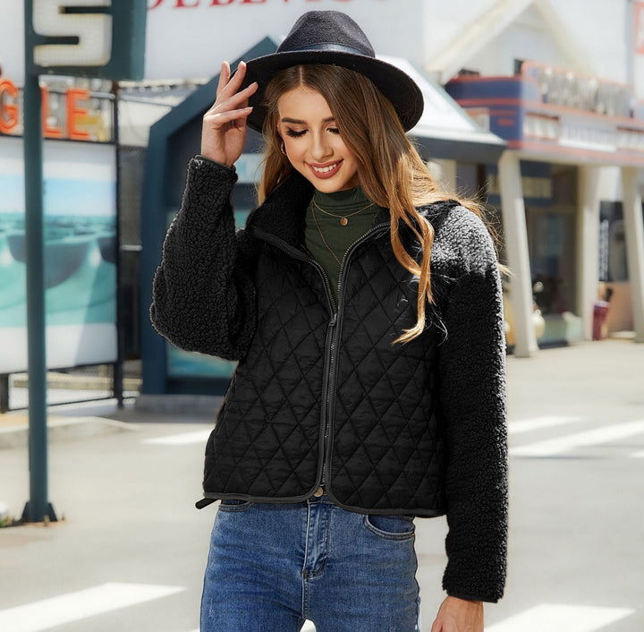 Womens Plush Jacket With Rhombus Stitching Design Clothing Fashion Winter Warm Lamb Lapel Zipper Short Coat Outwear Image 3