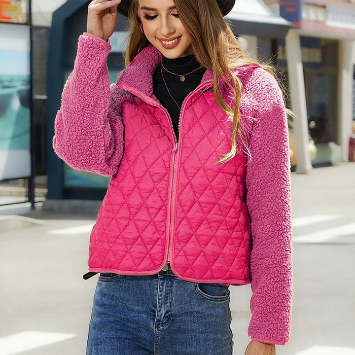 Womens Plush Jacket With Rhombus Stitching Design Clothing Fashion Winter Warm Lamb Lapel Zipper Short Coat Outwear Image 1