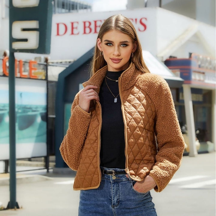 Womens Plush Jacket With Rhombus Stitching Design Clothing Fashion Winter Warm Lamb Lapel Zipper Short Coat Outwear Image 1