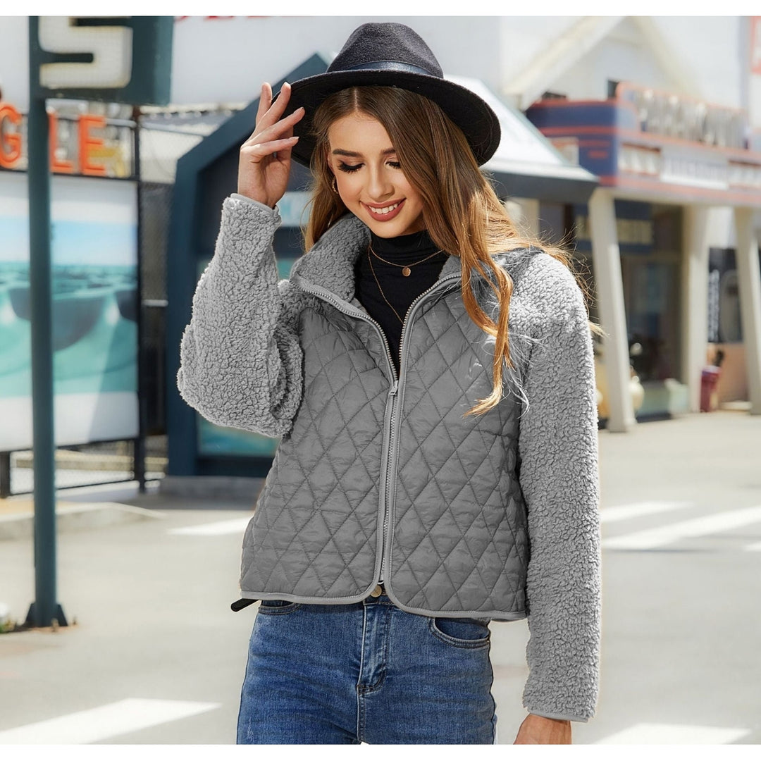 Womens Plush Jacket With Rhombus Stitching Design Clothing Fashion Winter Warm Lamb Lapel Zipper Short Coat Outwear Image 1