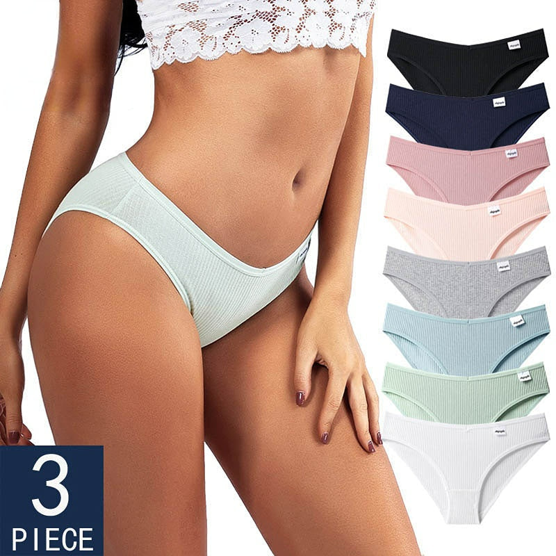 Women Fashion 3PCS/Set Panties Striped Underwear Solid Color Briefs Low-Rise Soft Panty Underpants Female Lingerie Image 1