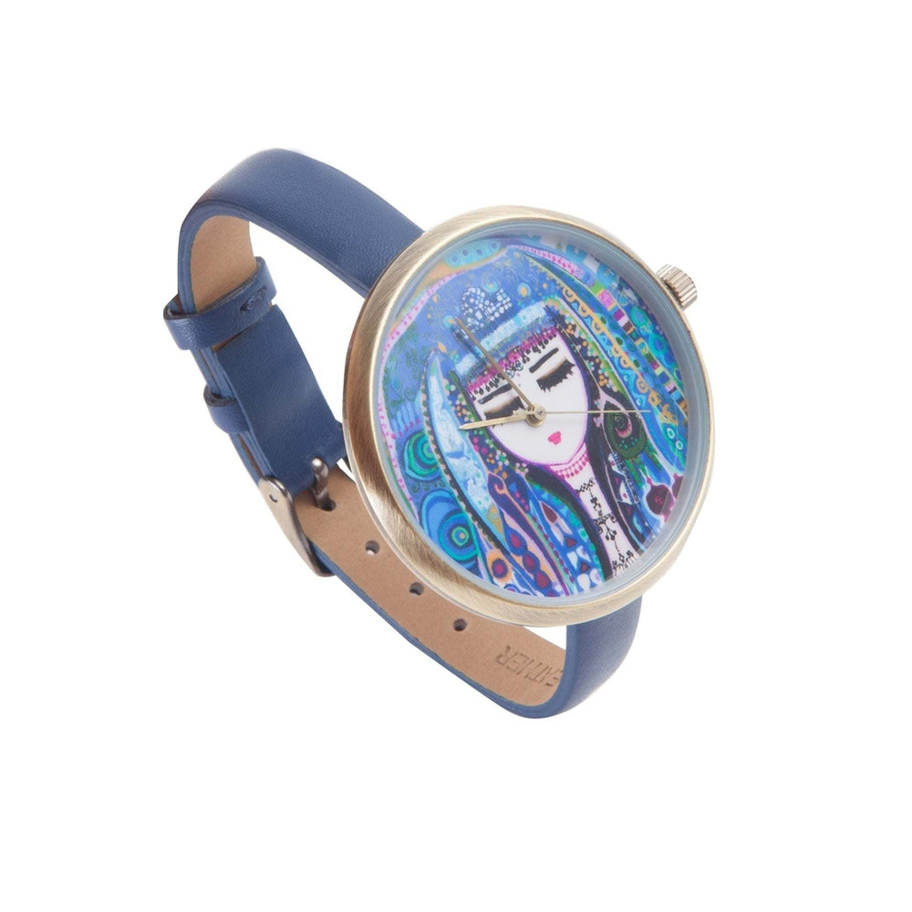 Blue Leather Strap Design Wrist Watch Image 2