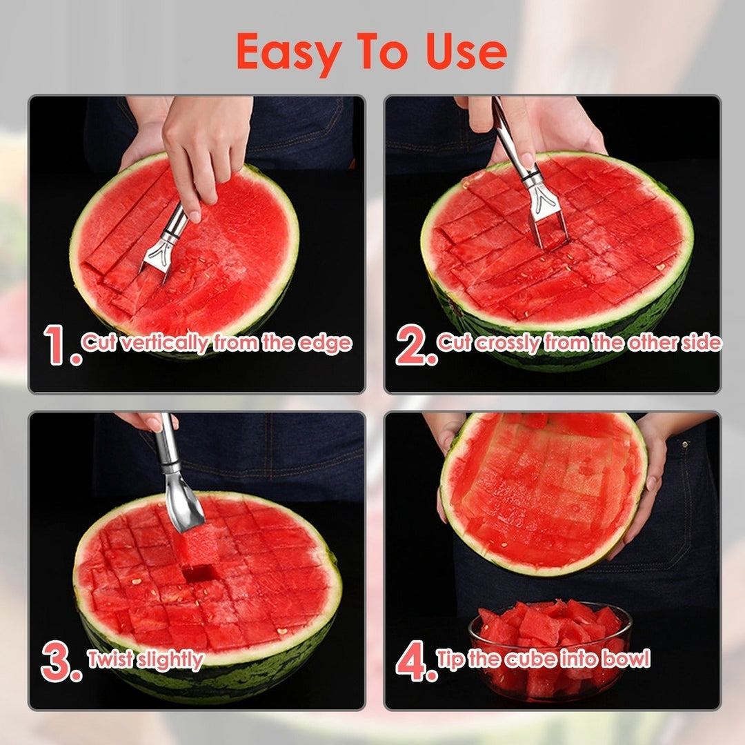 5Pcs 2 in 1 Watermelon Cutter Slicer Fork Stainless Steel Dual Head Watermelon Fruit Cutting Fork Knife For Summer Image 4