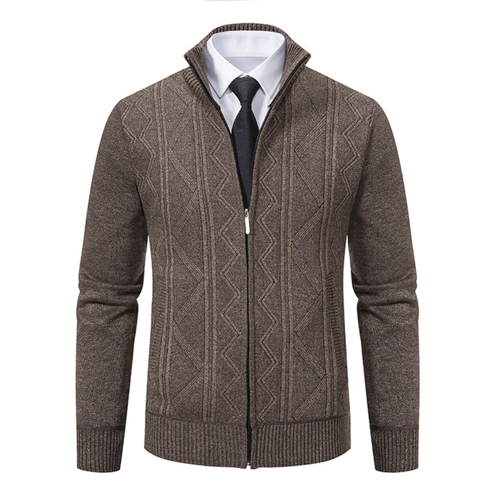 Mens solid color stand collar plus velvet warm casual cardigan Image 1