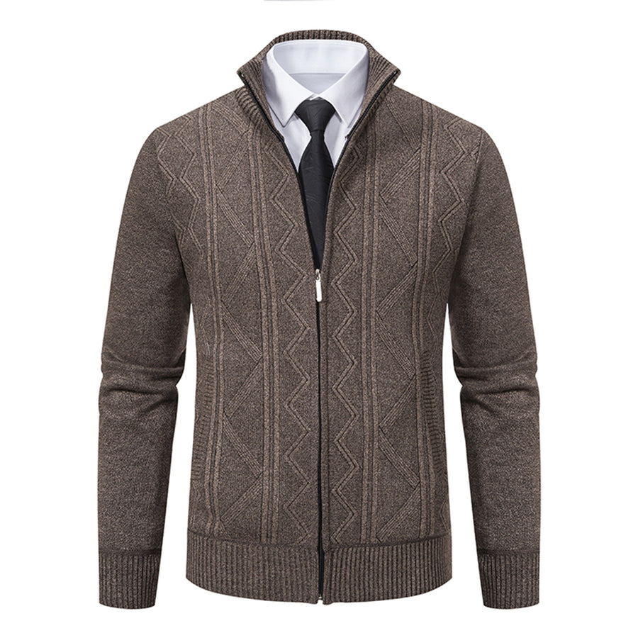 Mens solid color stand collar plus velvet warm casual cardigan Image 1