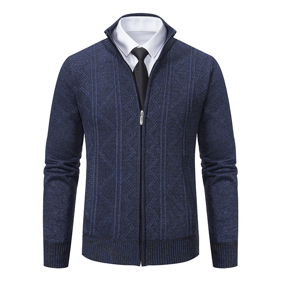 Mens solid color stand collar plus velvet warm casual cardigan Image 4