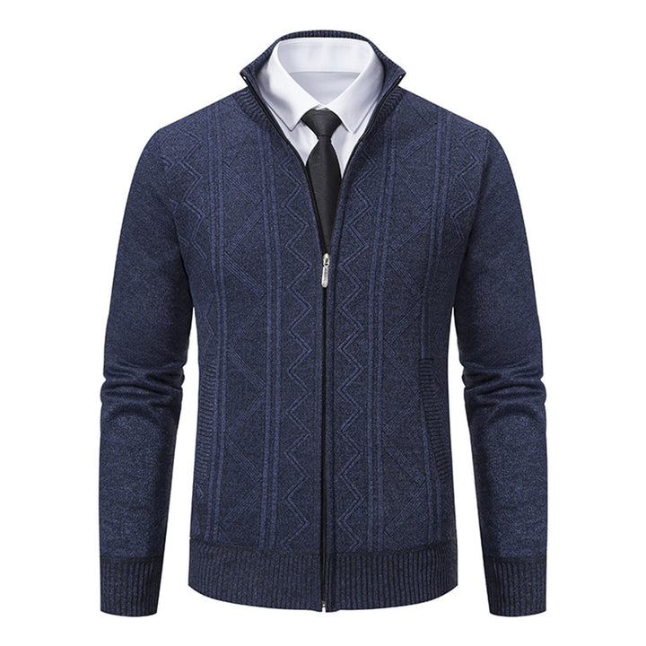 Mens solid color stand collar plus velvet warm casual cardigan Image 1