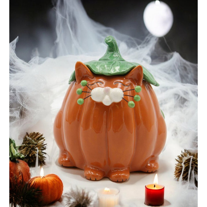 Ceramic Pumpkin Cat Candy Box 5 1/8" Kitchen Fall Image 1