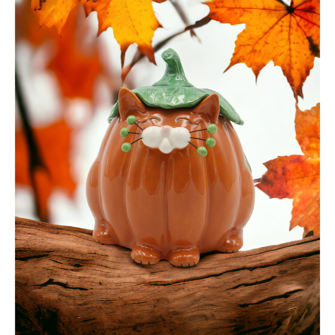 Ceramic Pumpkin Cat Candy Box 5 1/8" Kitchen Fall Image 2