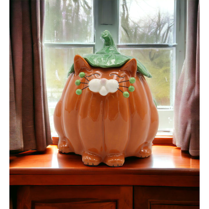 Ceramic Pumpkin Cat Candy Box 5 1/8" Kitchen Fall Image 3