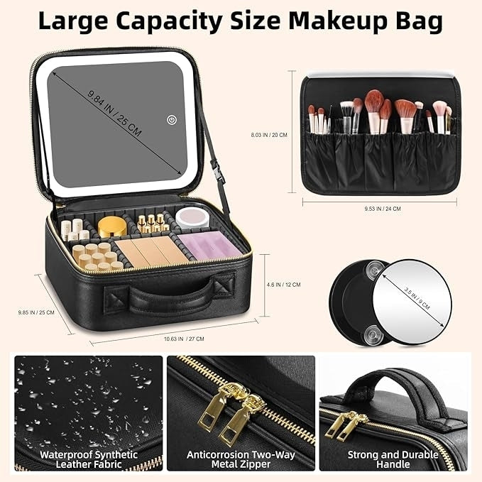 Travel Makeup Bag with LED Mirror  Adjustable Dividers  Detachable 10x Magnifying Mirror Image 2