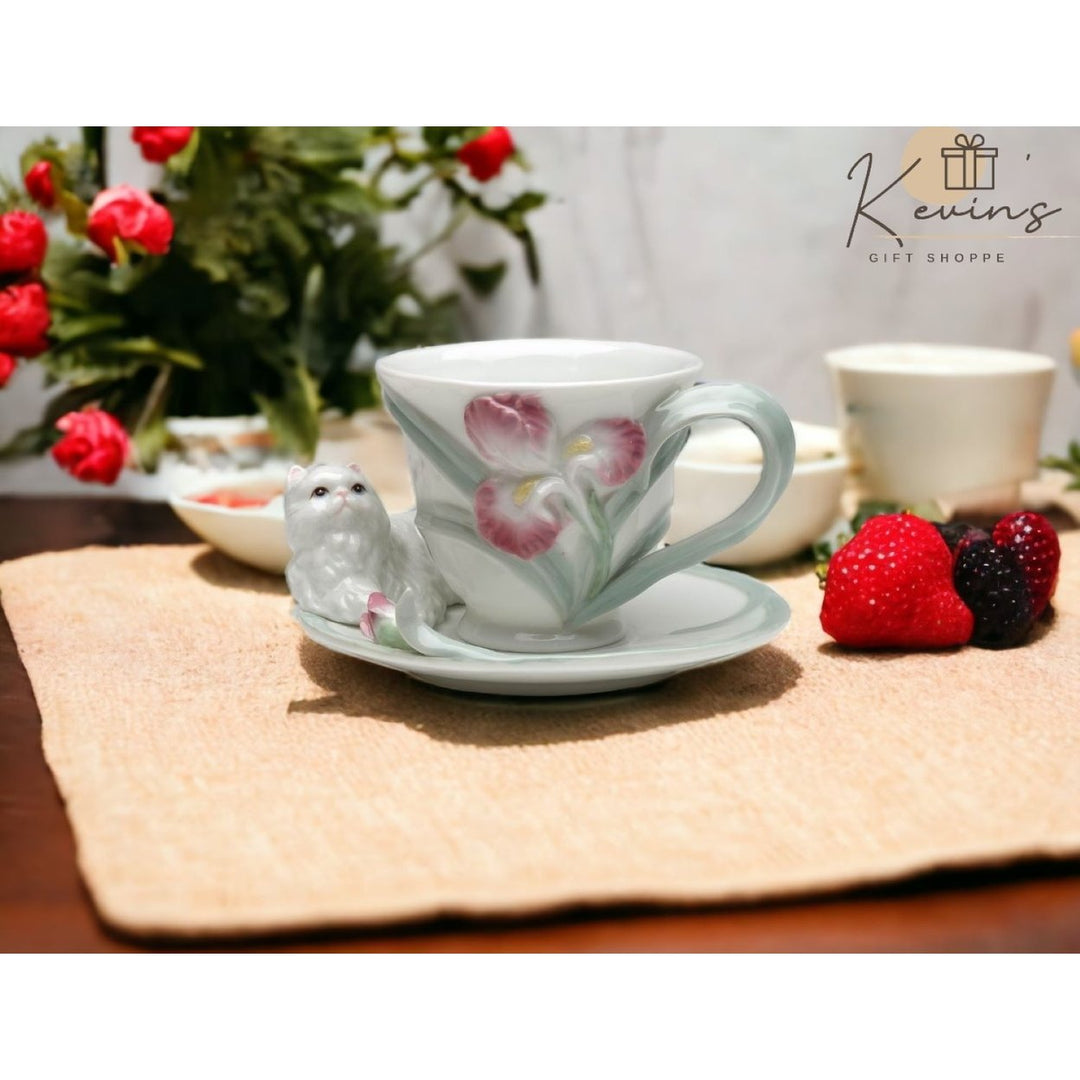 Ceramic Persian Cat Cup and Saucer Set Iris Flower Gift 4.5 Inch Image 1