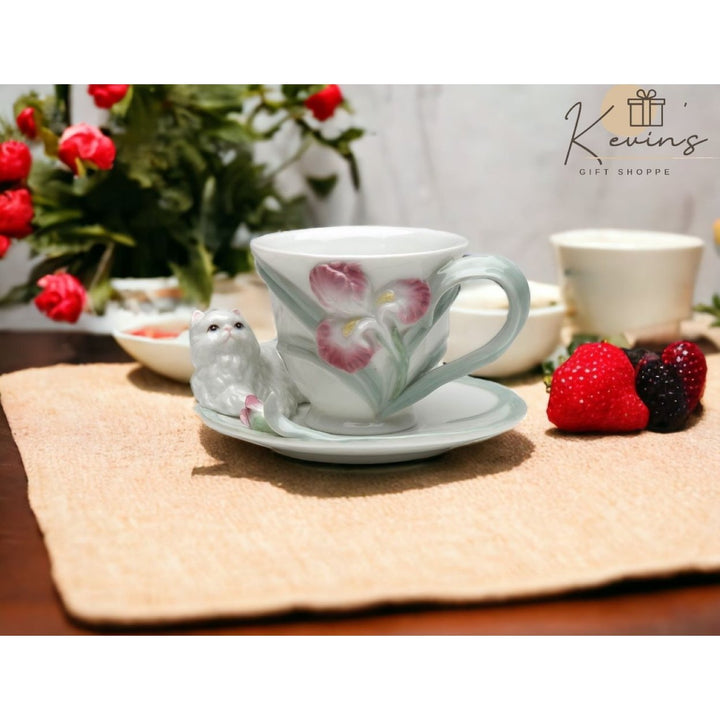 Ceramic Persian Cat Cup and Saucer Set Iris Flower Gift 4.5 Inch Image 1