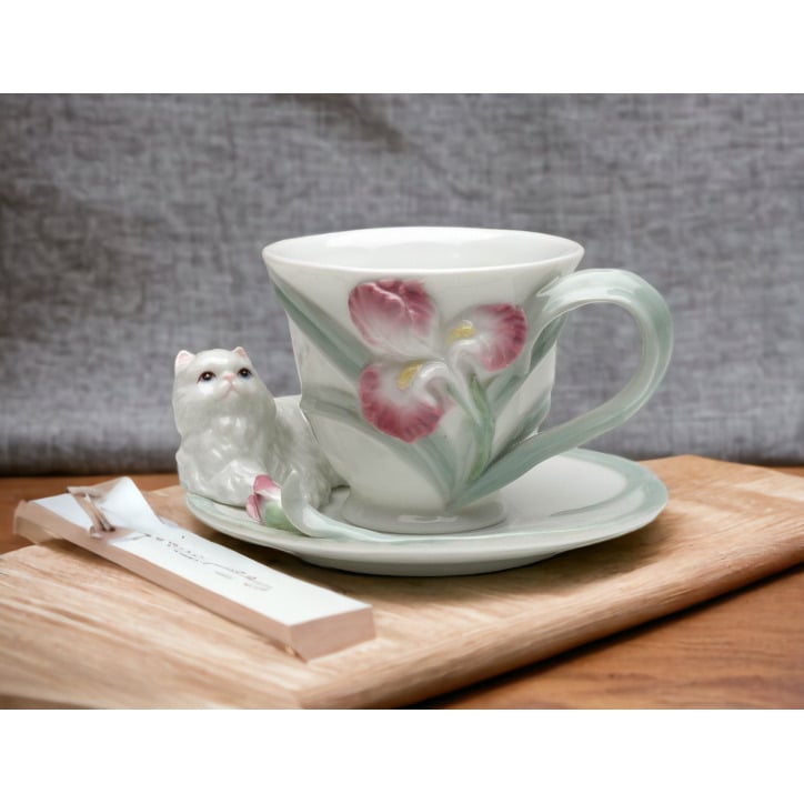 Ceramic Persian Cat Cup and Saucer Set Iris Flower Gift 4.5 Inch Image 2