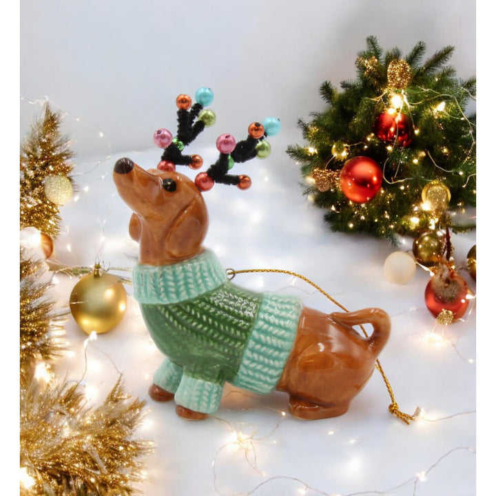 Ceramic Dachshund Ornament Christmas Tree Decor 3.375x1.625x3.875 Image 1