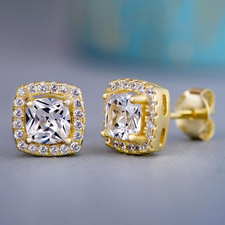 18K Gold Plated Halo Cushion Cut Cubic Zirconia Stud Earrings Image 1