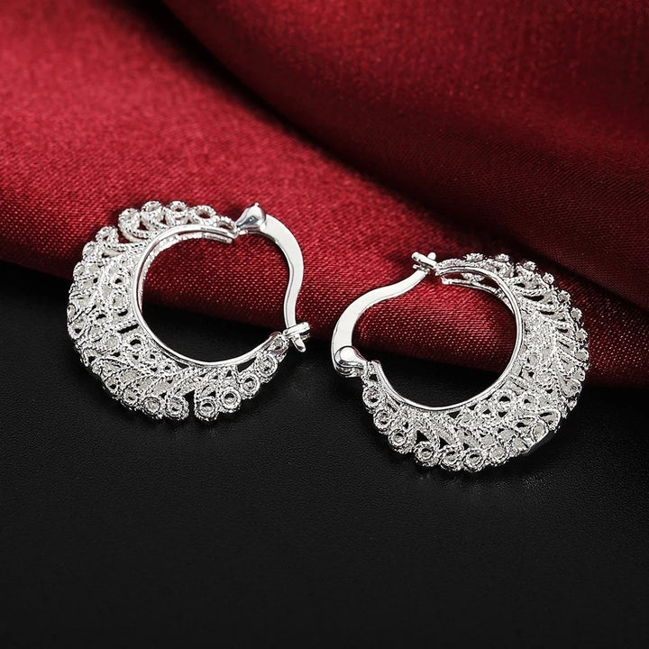 925 Sterling Silver Classic Round Filigree Hoop Earrings Image 3