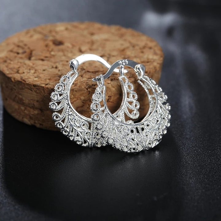 925 Sterling Silver Classic Round Filigree Hoop Earrings Image 1