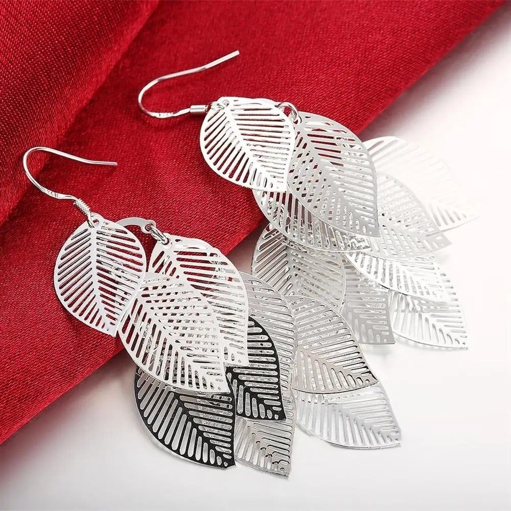 925 Sterling Silver Leaf Dangle Drop Earrings Image 1