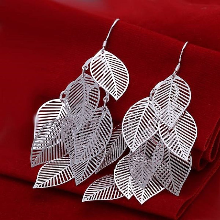 925 Sterling Silver Leaf Dangle Drop Earrings Image 4