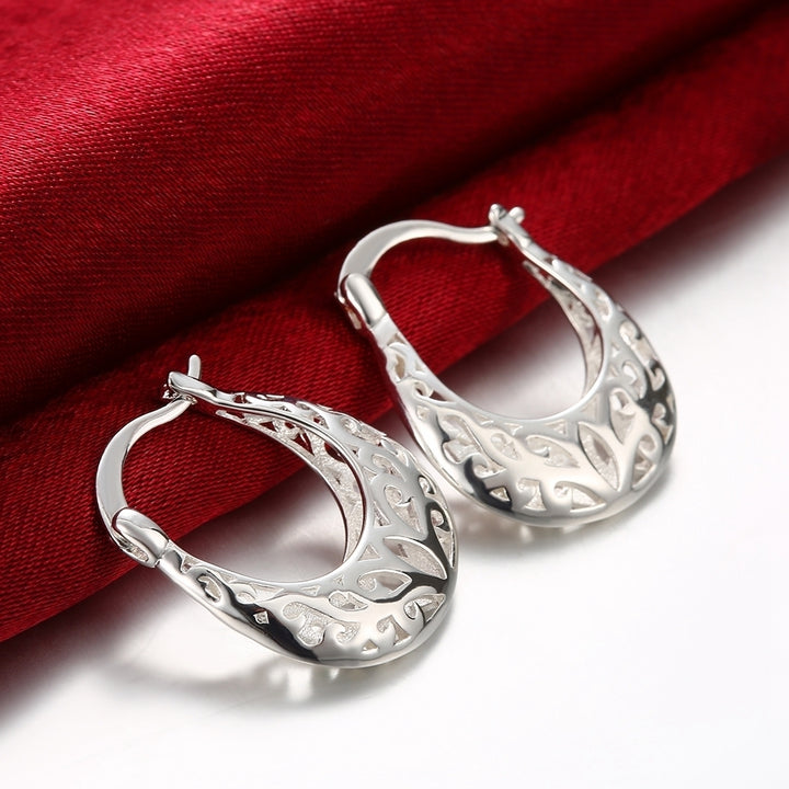 925 Sterling Silver Filigree Oval French Hoop Earrings Image 1