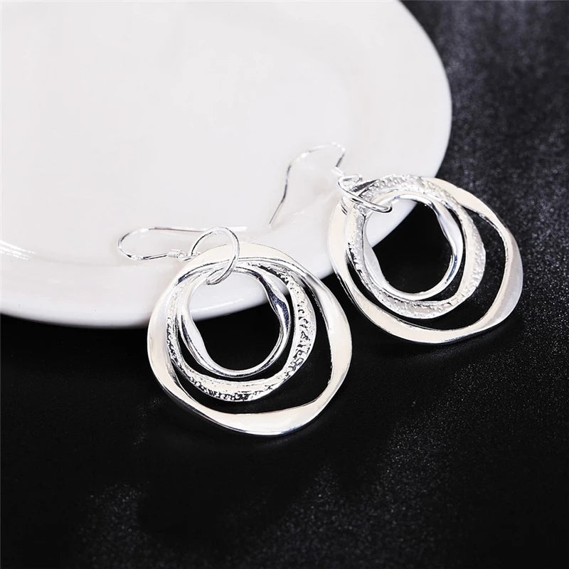 925 Sterling Silver 3 Circles Dangle Hoop Earrings Image 3