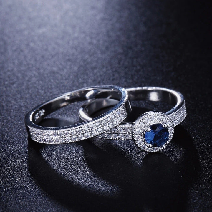 Blue Cubic Zirconia Engagement Wedding Band Ring Image 4