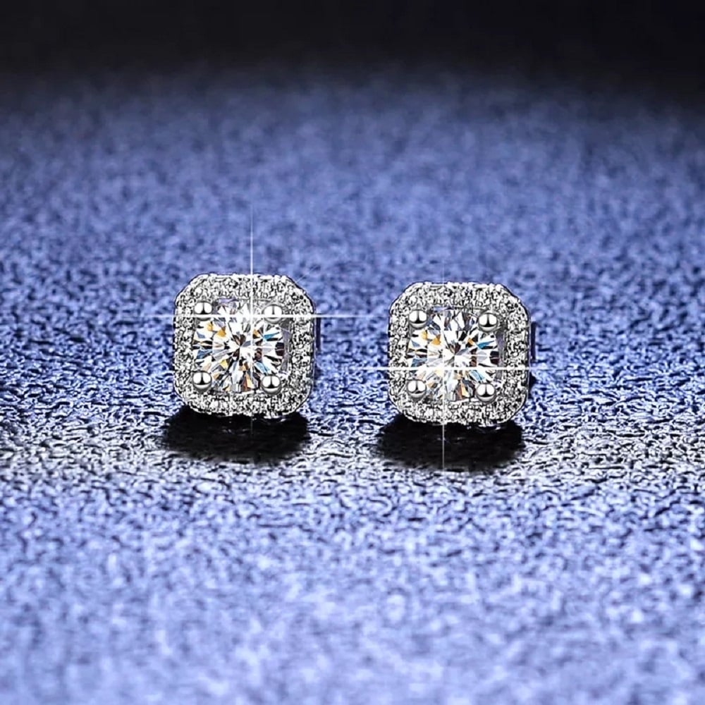 Sterling Silver Pave Cubic Zirconia 8mm Square Round Stud Earrings Gift Box S1 Image 3