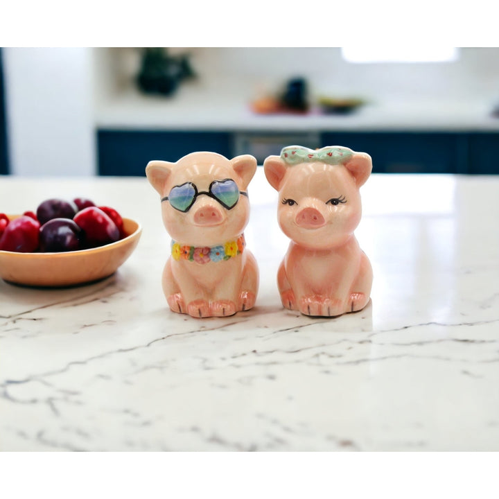 Hand Painted Ceramic Happy Pig Salt Pepper Shakers Set Image 3