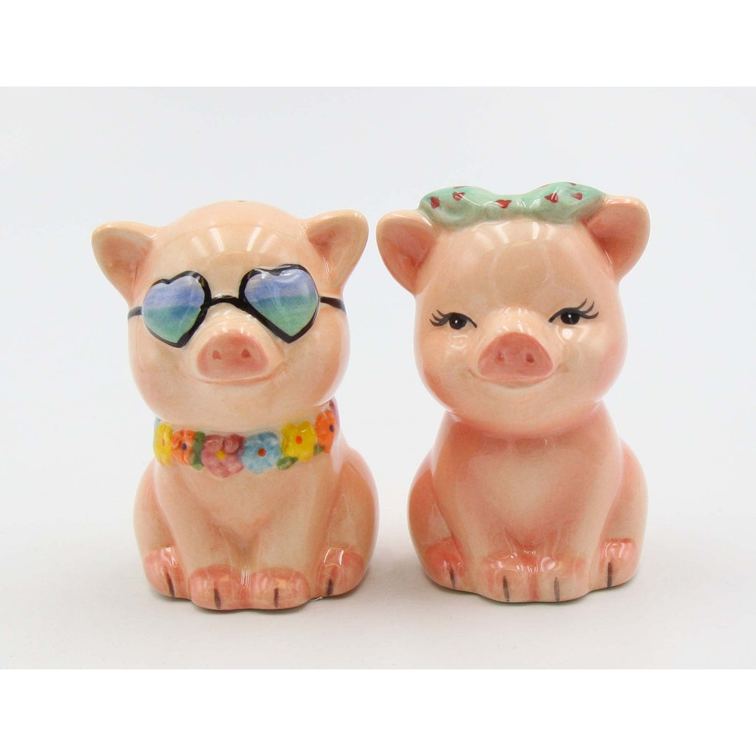 Hand Painted Ceramic Happy Pig Salt Pepper Shakers Set Image 4