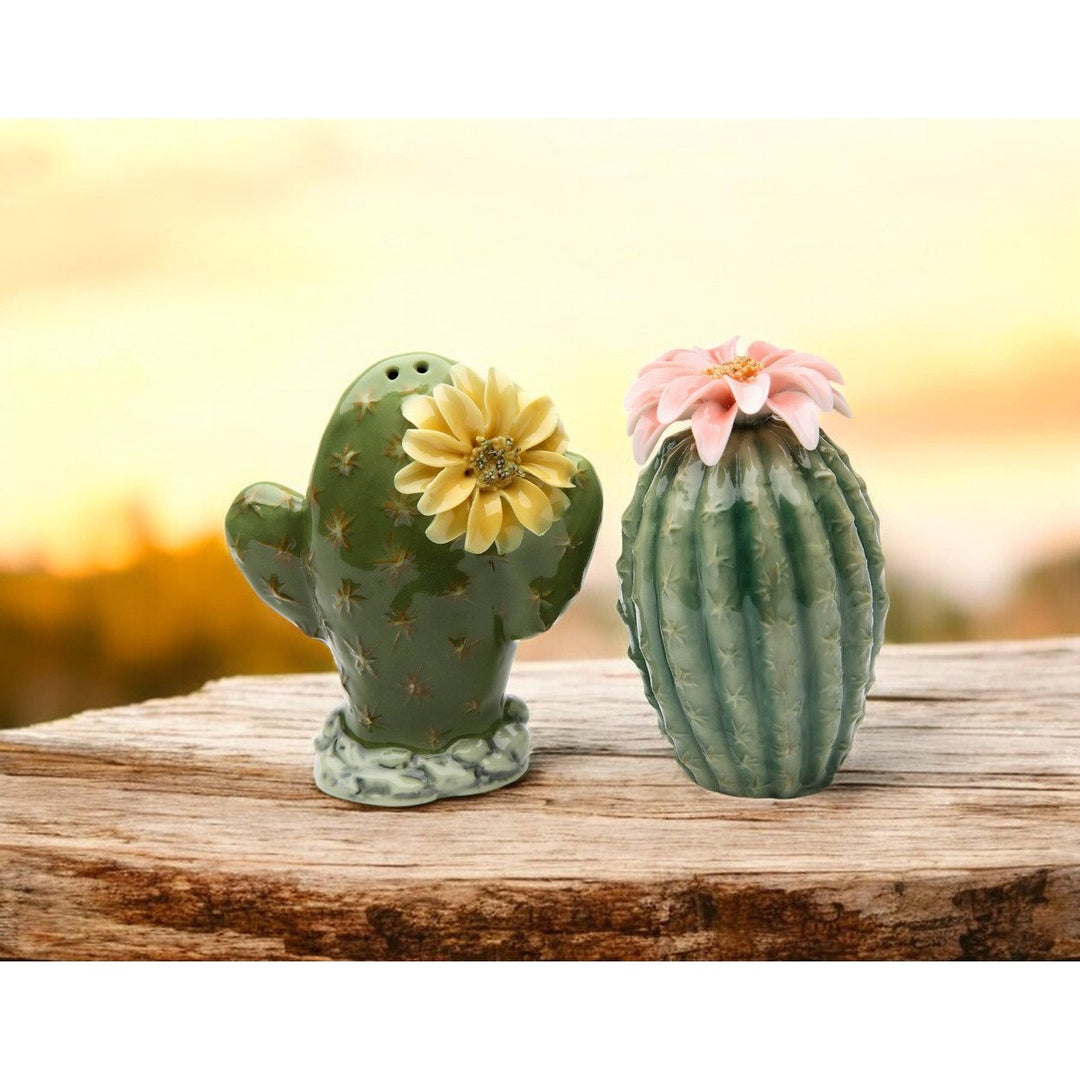 Handcrafted Ceramic Cactus Salt and Pepper Shakers with Flowers Gift Image 1