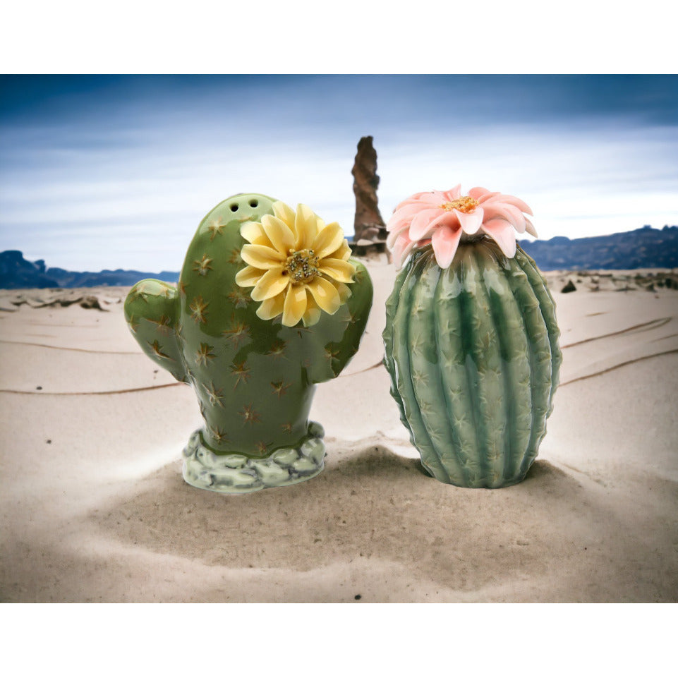 Handcrafted Ceramic Cactus Salt and Pepper Shakers with Flowers Gift Image 2