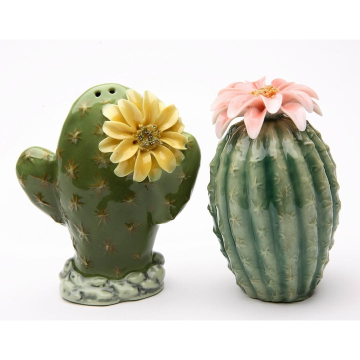 Handcrafted Ceramic Cactus Salt and Pepper Shakers with Flowers Gift Image 3