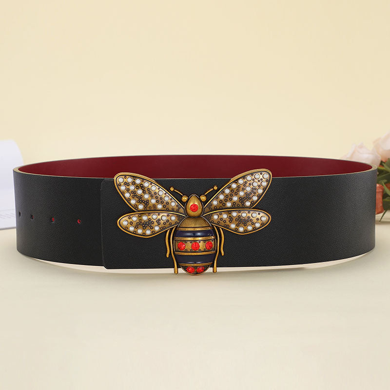 Women Fashion Bee Buckle Leather Belt 7cm Wide Belt Image 1