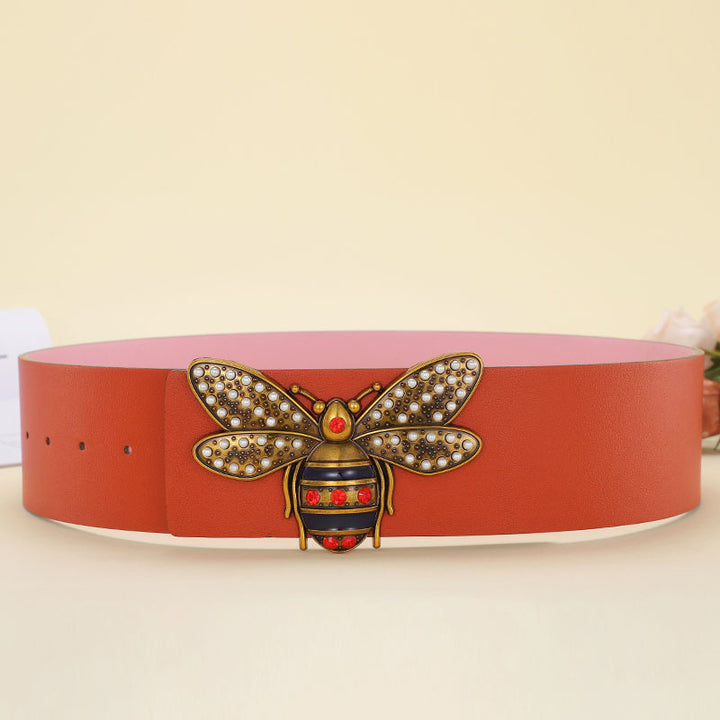 Women Fashion Bee Buckle Leather Belt 7cm Wide Belt Image 4