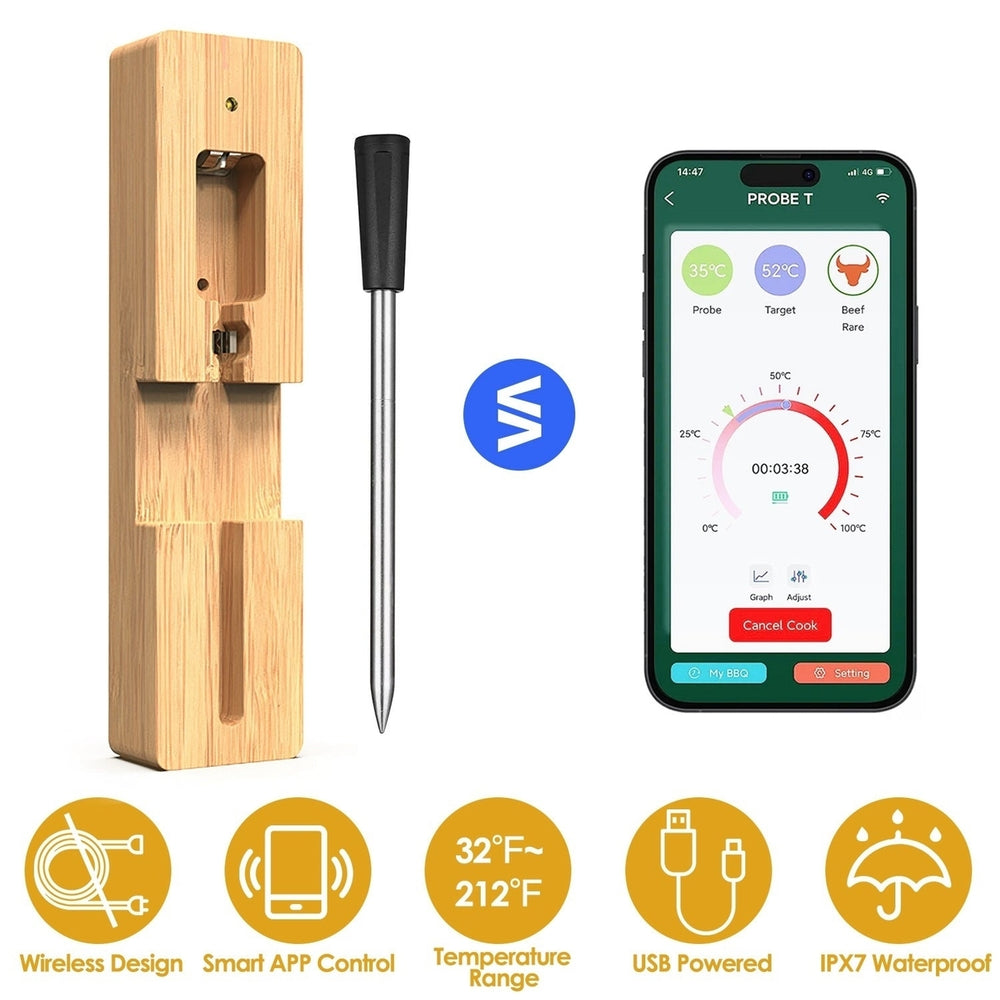 100FT Smart Wireless Meat Thermometer Digital Thermospike Meat Probe with APP Control for Oven Grill Kitchen BBQ Smoker Image 2