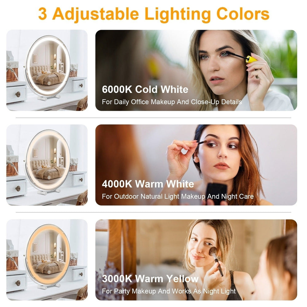 19Inch Large Round Vanity Makeup Mirror With LED Halo Light 3 Lighting Colors Dimmable Brightness Touch Control 360 Image 2