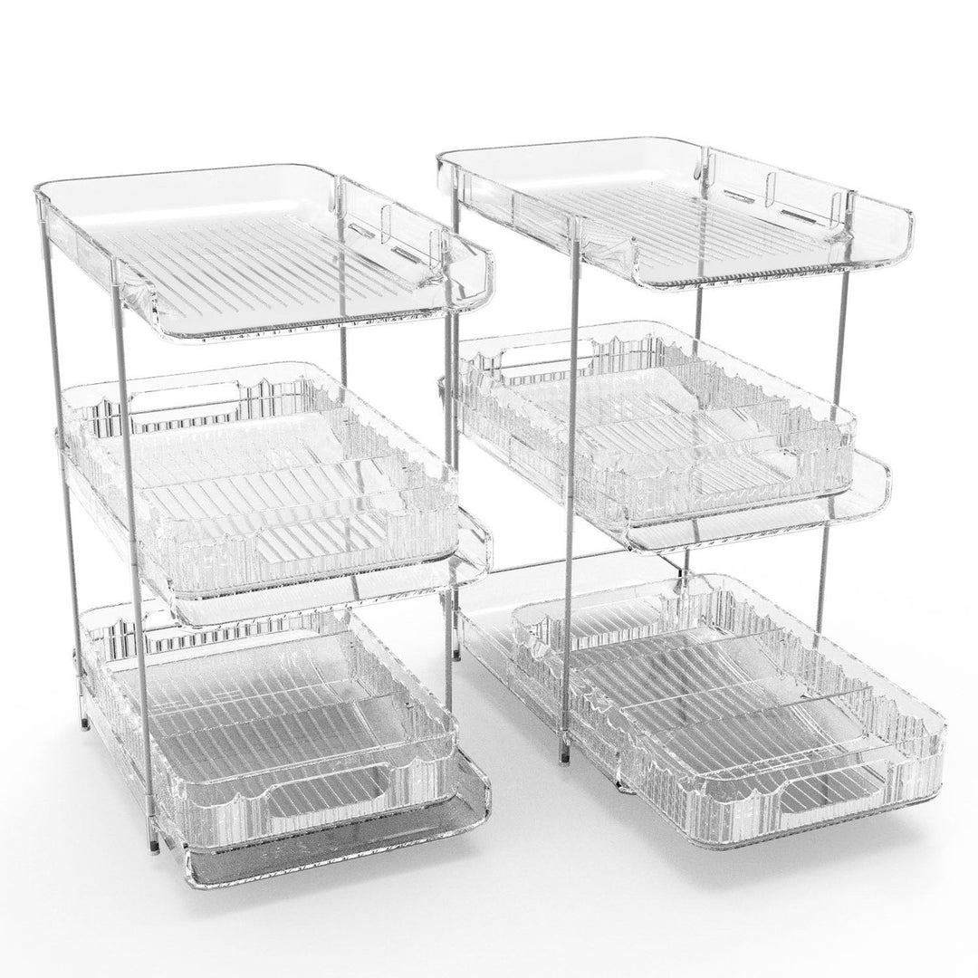 2 Packs 3 Tier Clear Bathroom Organizer with Drawers Dividers Pull-Out Pantry Organization Medicine Bins Slide-Out Image 1