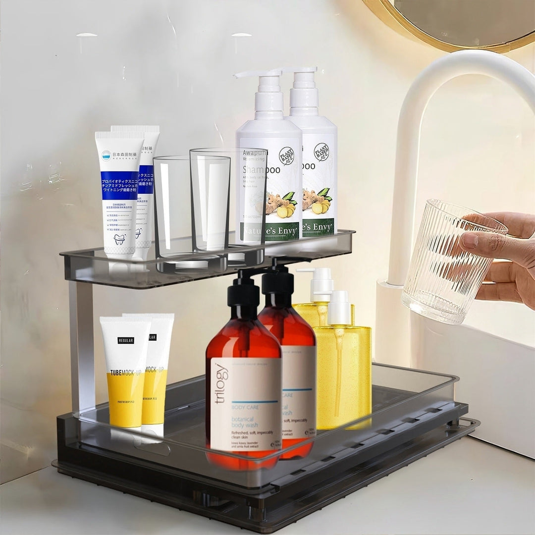 2-Tier Pull Out Under Sink Organizer Cabinet Organizer With Sliding Drawer Tray L-Shaped Slide Out Storage Shelves For Image 1