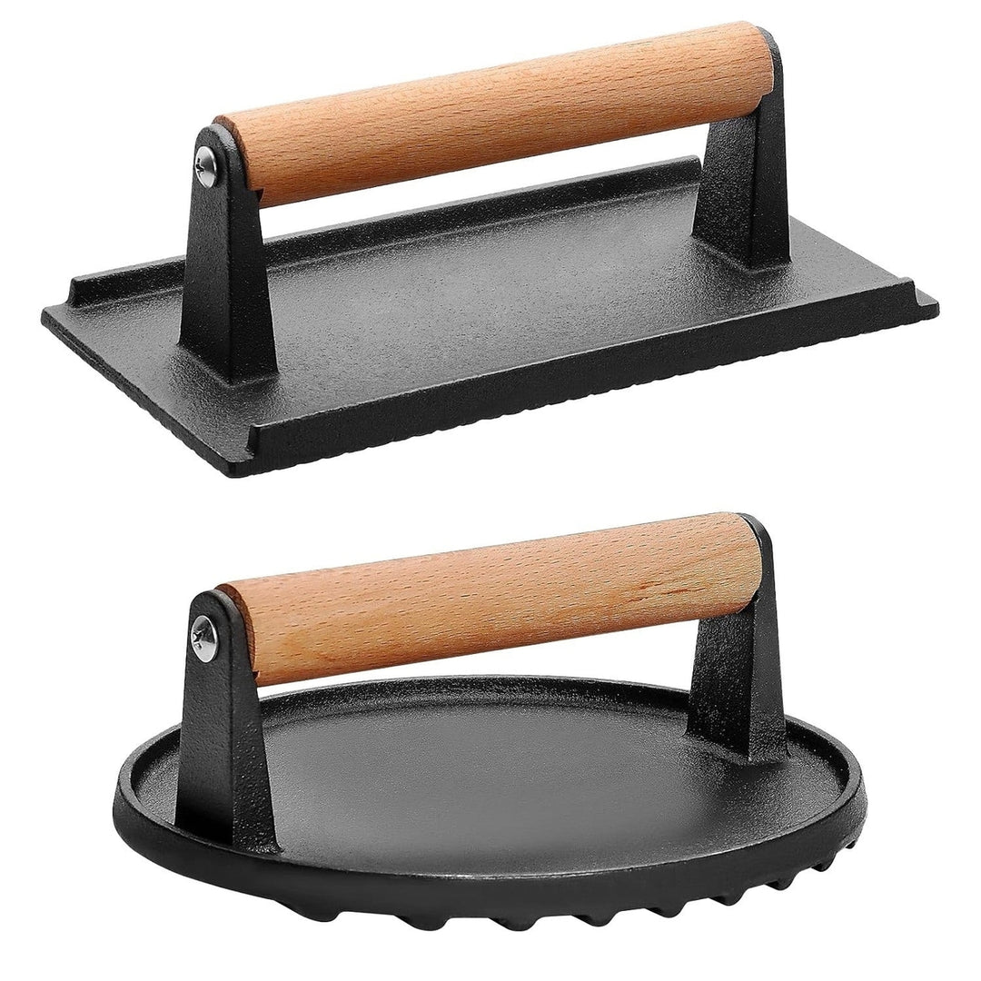 2Pcs Cast Iron Grill Press Pre-Seasoned Steak Weights Smash Burger Press Bacon Meat Smasher with Wood Handle 7in Round Image 1