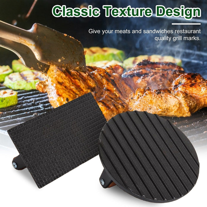 2Pcs Cast Iron Grill Press Pre-Seasoned Steak Weights Smash Burger Press Bacon Meat Smasher with Wood Handle 7in Round Image 4