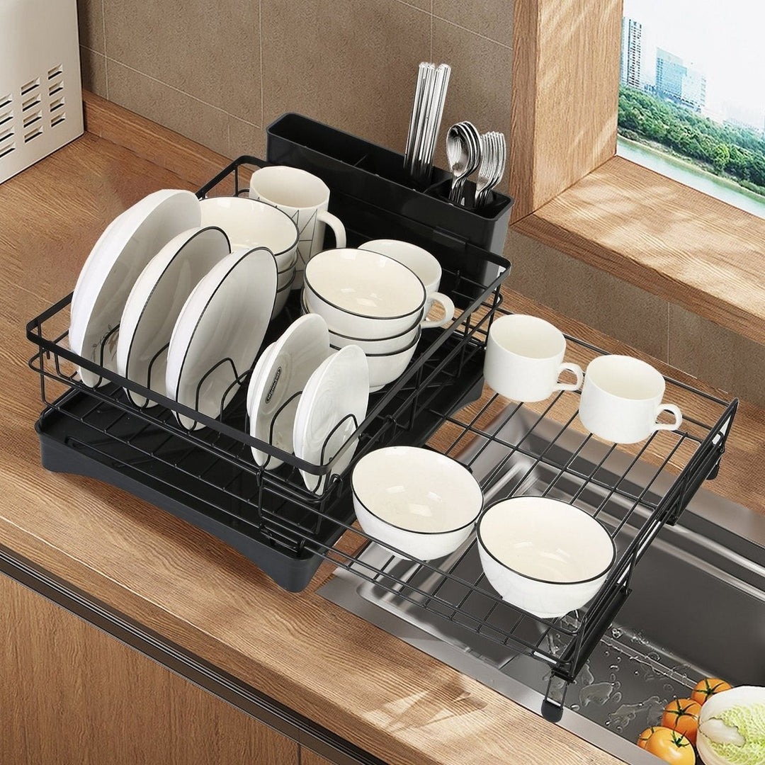 Retractable Dish Drying Rack Extra Large Dish Rack with Drainboard Utensil Holder for Countertop Over Sink Rustproof Image 1