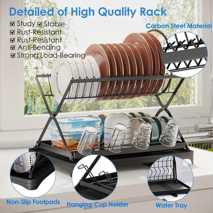 2-layer Bowl and Dish Drying Rack with Bowl Cup and Basin Holder Foldable Bowl and Dish Drain Rack Suitable for Kitchen Image 2