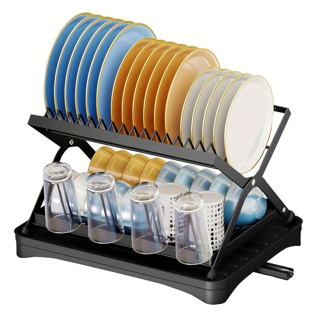 2-layer Bowl and Dish Drying Rack with Bowl Cup and Basin Holder Foldable Bowl and Dish Drain Rack Suitable for Kitchen Image 1